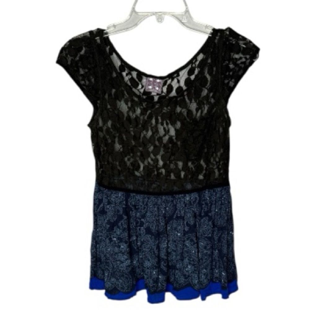 Free People Black Lace Top with Blue Printed Skirted Hem